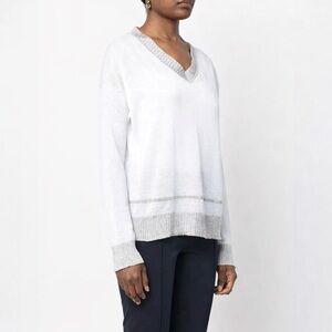 Fabiana Filippi Cotton Knit Embellished Semi Sheer-Neck Long Sleeve Top M